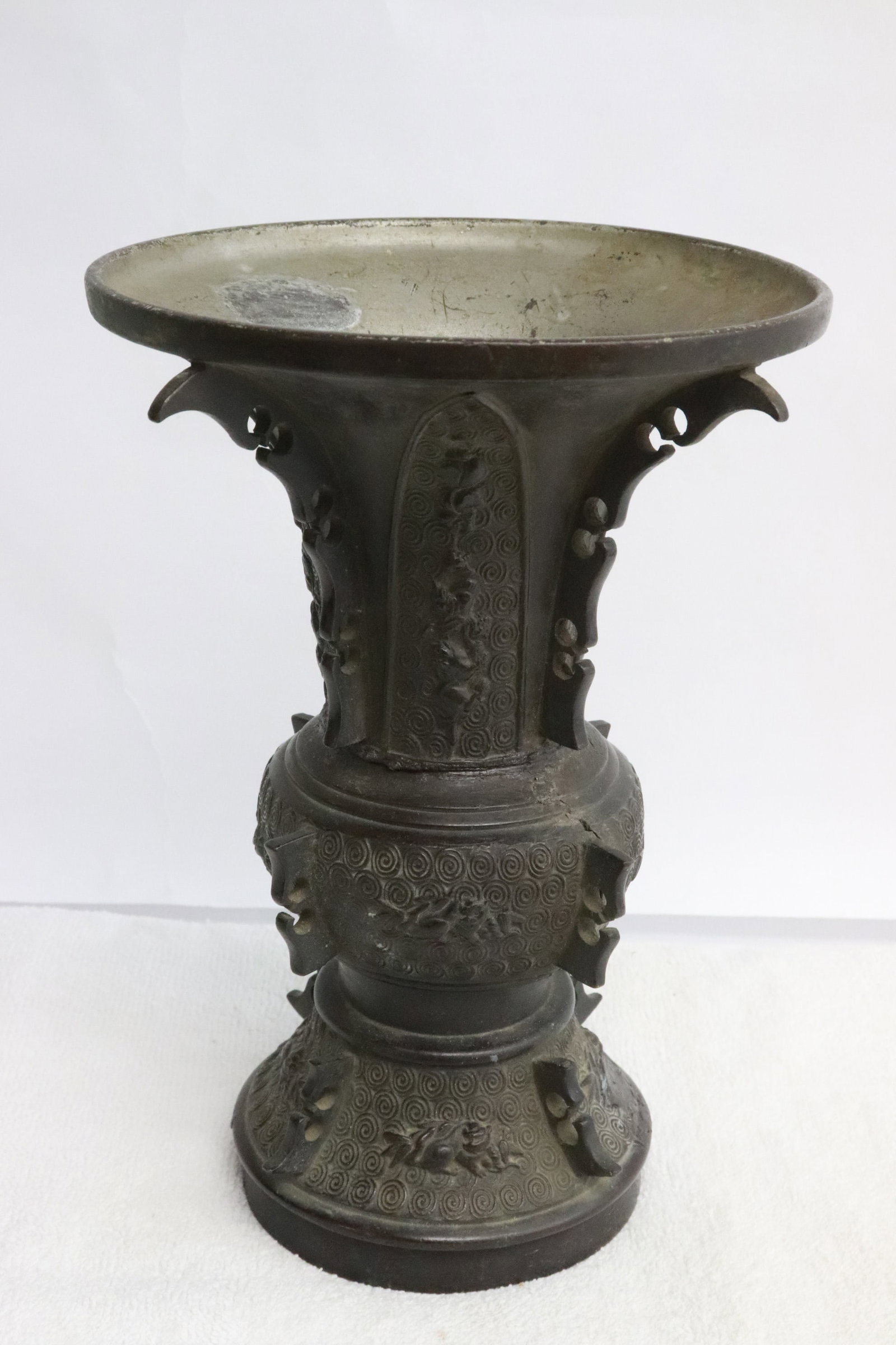 Chinese vintage bronze vase: Chinese vintage bronze vase in archaic style motif, no bottom, 8.8"x6.7"dia