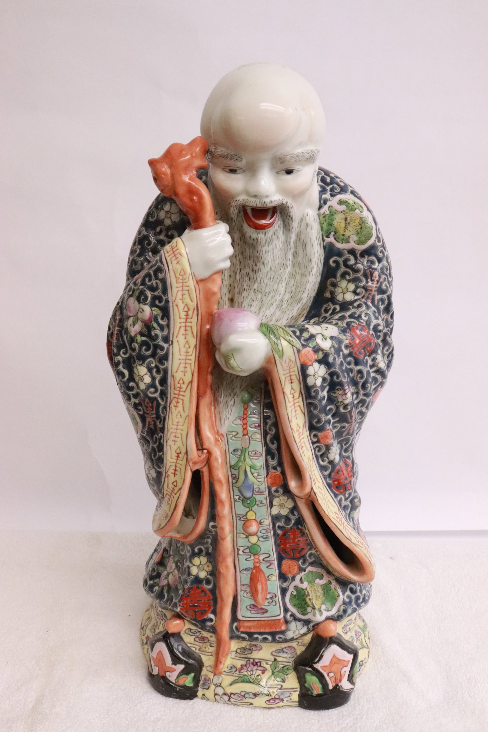Chinese vintage famille rose porcelain sculpture of deity: Very fine Chinese vintage famille rose porcelain sculpture of deity, 14.35"H