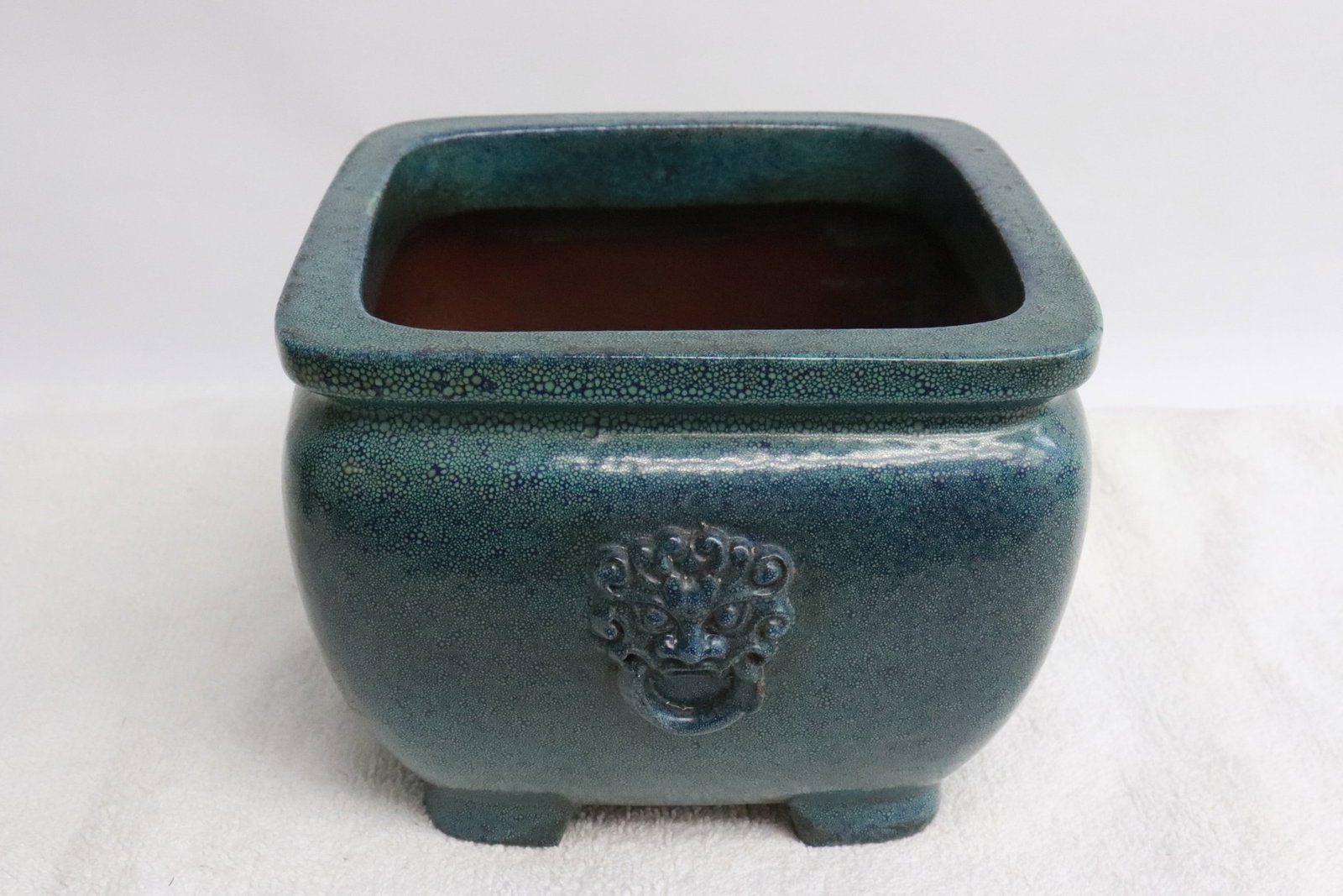 Chinese blue glazed Yixing square censer: Chinese blue glazed Yixing square censer, 4.25"x6"x5.65"
