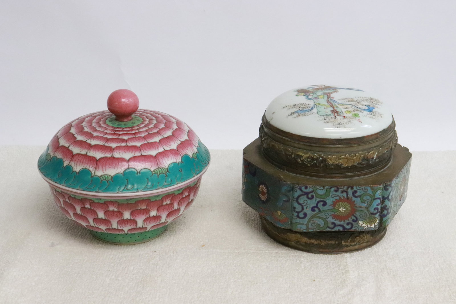 2 pieces: 2 pieces; an enamel on metal box with famille rose porcelain top (3.9"x4.25"x4.65"), and a wucai porcelain covered bowl (4.1"x4.6"dia)