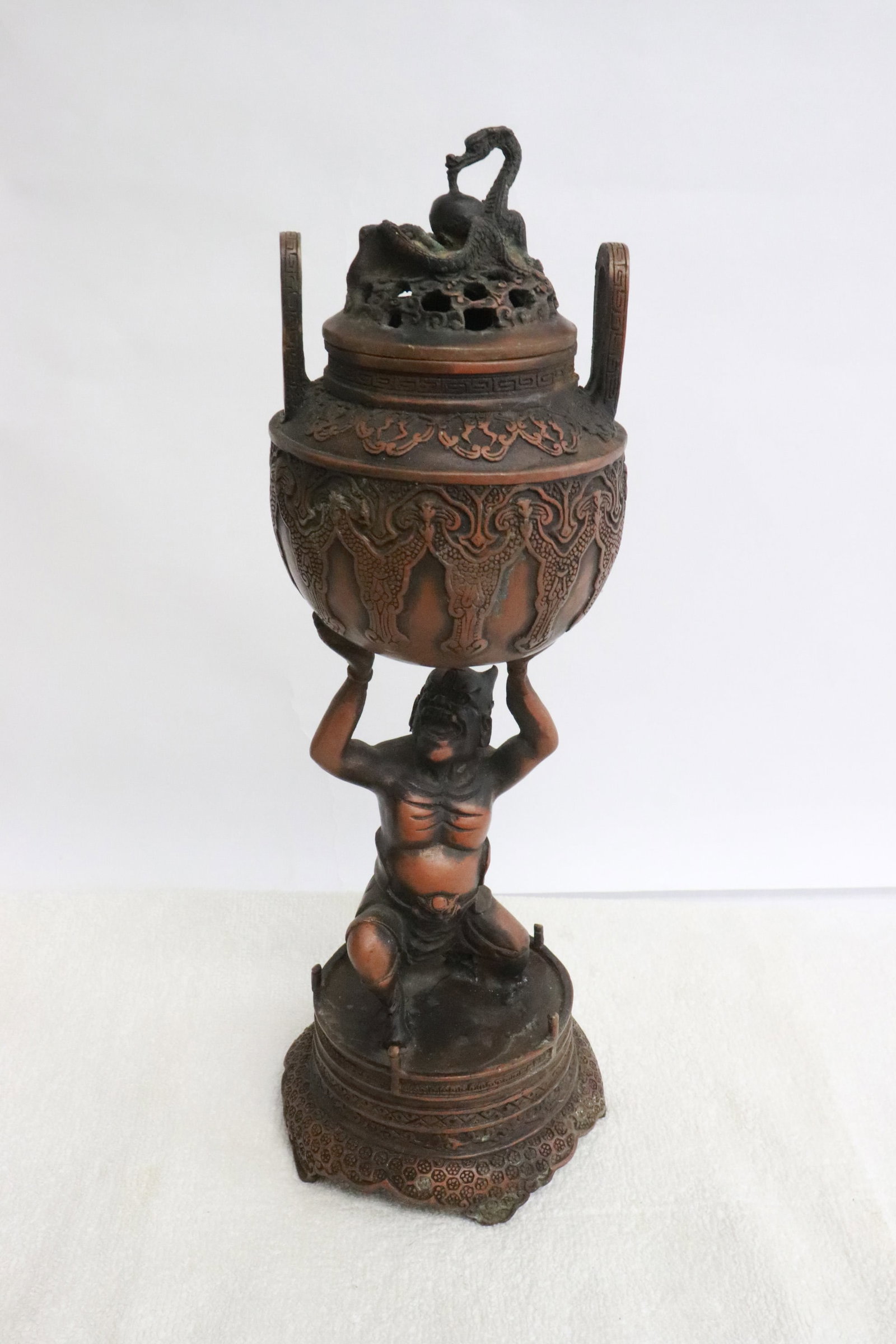 An unusual bronze censer with base in deity motif: An unusual bronze censer with base in deity motif, 11.65"H