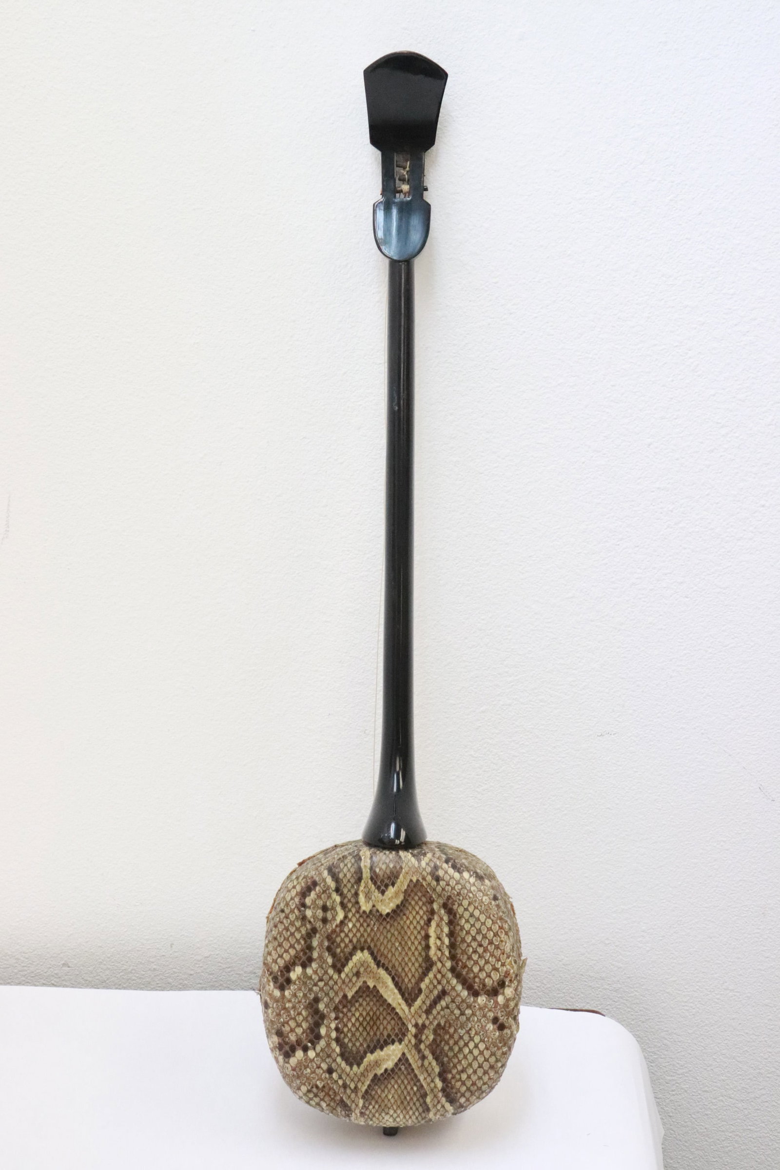 Chinese music instrument w/ snake skin decoration: Unusual Chinese music instrument with snake skin decoration, 31.4"L