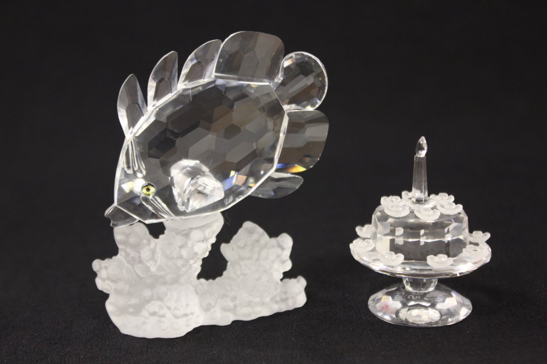 Swarovski crystal birthday cake and tropical fish: Swarovski crystal birthday cake (2"Hx1.5"dia) and tropical fish (3.05"Hx3"x1.05")