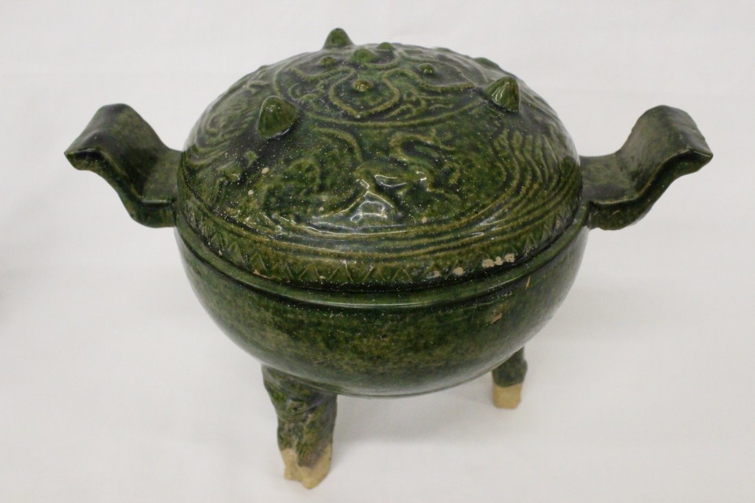 A Chinese Han dynasty incense burner, c100AD: A Chinese Han dynasty green glazed incense burner, c100AD, 7.5"Hx10"x6.85"