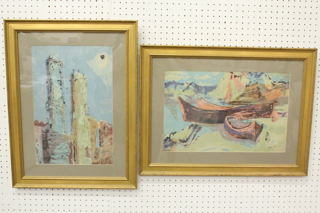 Pair lithograph w/ gilt wood frames by Jack Zajac: Pair modern motif lithograph with gilt wood frames by Jack Zajac, one stone signed (14"x21.5") and one unsigned (20.4"x13.5")