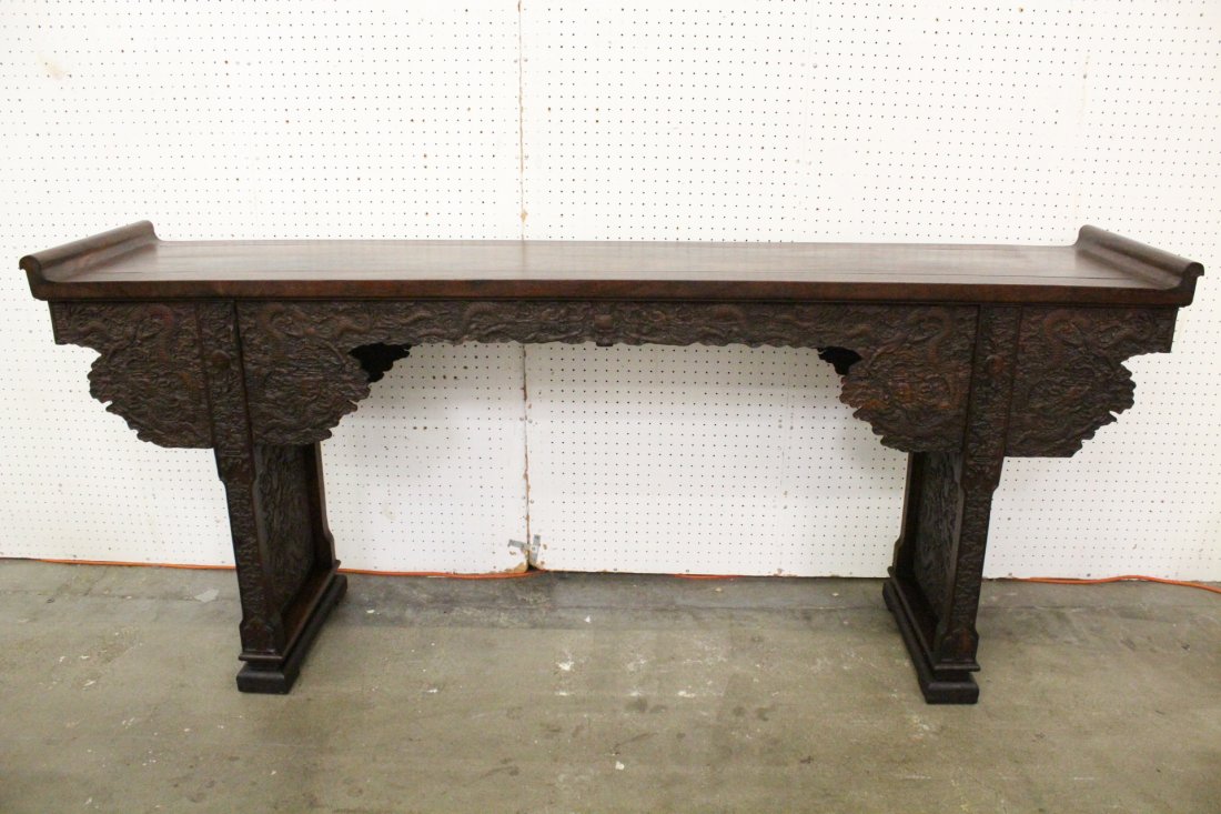 Chinese huanghuali wood altar table: A beautiful Chinese huanghuali wood altar table, side carved with dragon and cloud, 35.75"Hx82.75"x17.75"