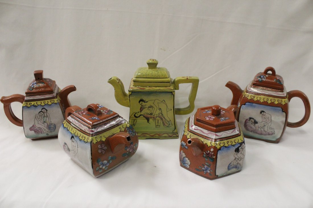5 painted Yixing clay teapot: 5 painted Yixing clay teapot, 5.5"H, 6"H, 5.2"H, 4"H (2)