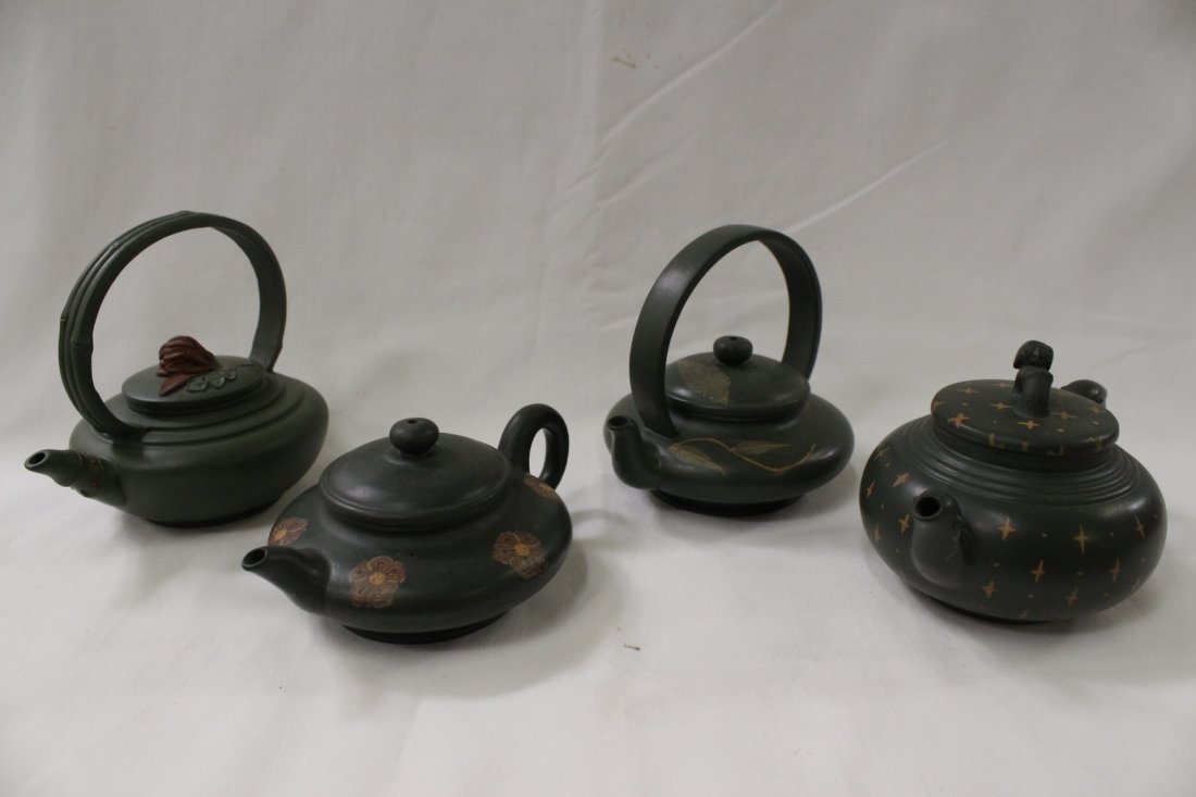 4 green Yixing clay teapot: 4 green Yixing clay teapot, 4"H, 3.7", 3"H, 2.1"H