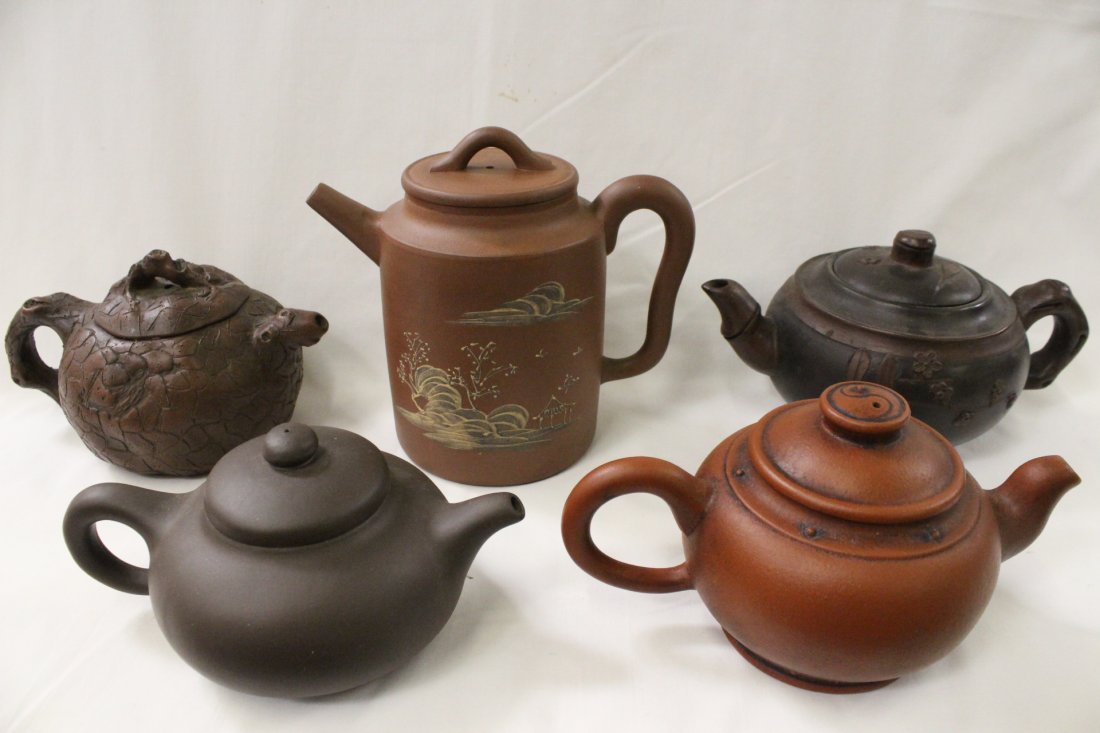 5 clay Yixing teapot: 5 clay Yixing teapot, 6.2"H, 4.1"H, 4"H, 3.9"H, 3.4"H