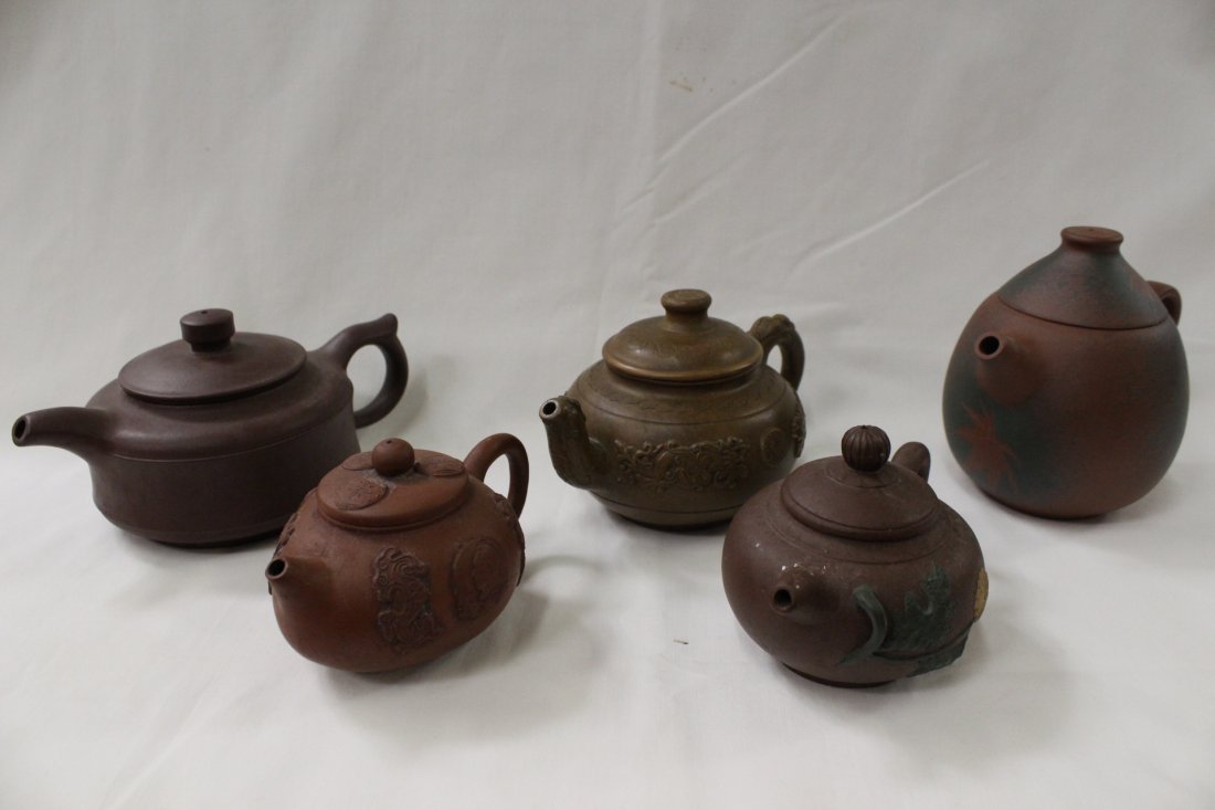5 clay Yixing teapot: 5 clay Yixing teapot, 4.2"H, 3.25"H, 3.1"H, 3"H, 2.6"H
