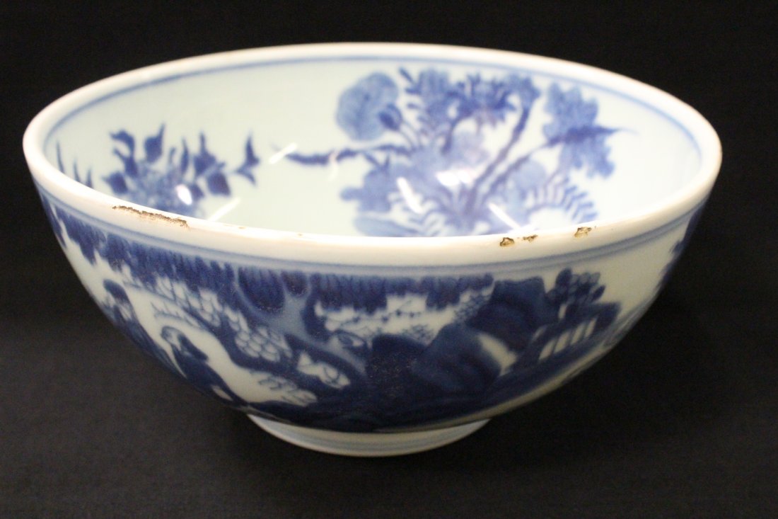Chinese blue and white porcelain bowl: Chinese blue and white porcelain bowl painted with landscape with scholars (rim minor chips), 4"Hx8.5"dia