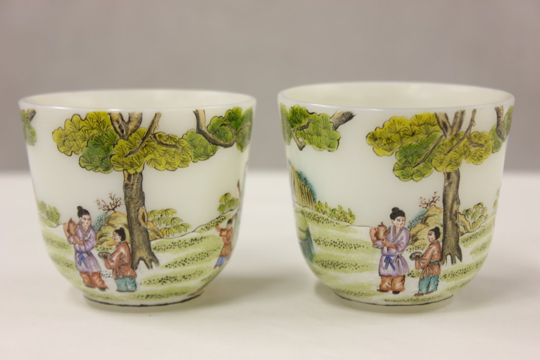 Pair enamel on milk glass cups: Pair enamel on milk glass cups, 2.2"Hx2.5"dia each