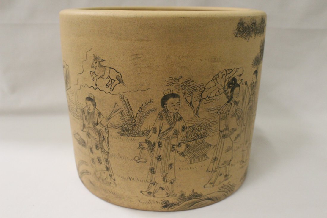 Unusual Yixing clay brush holder: Unusual Yixing clay brush holder painted fairy tale scene, 6.6"Hx7.3"dia