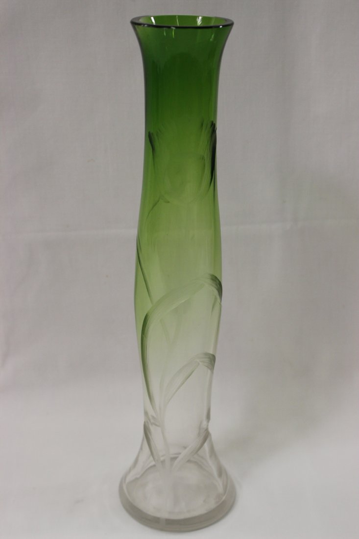 Vintage art nouveau Moser intaglio cut vase: Vintage art nouveau Moser clear to emerald green intaglio cut vase, 11.8"Hx3"dia