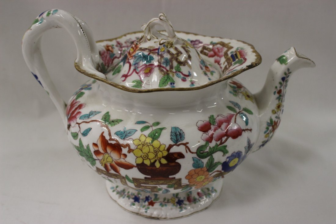 Antique English porcelain teapot: Antique English porcelain teapot in Chinese tree pattern, 6.6"Hx9.6"x6.5"