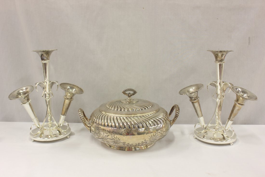 A Victorian s/p on copper tureen, & pr s/p candelabra: A Victorian silverplate on copper tureen (6.4"Hx12"x9.7"), and pair fancy silverplate candelabra (10.8"Hx7.9"dia each)