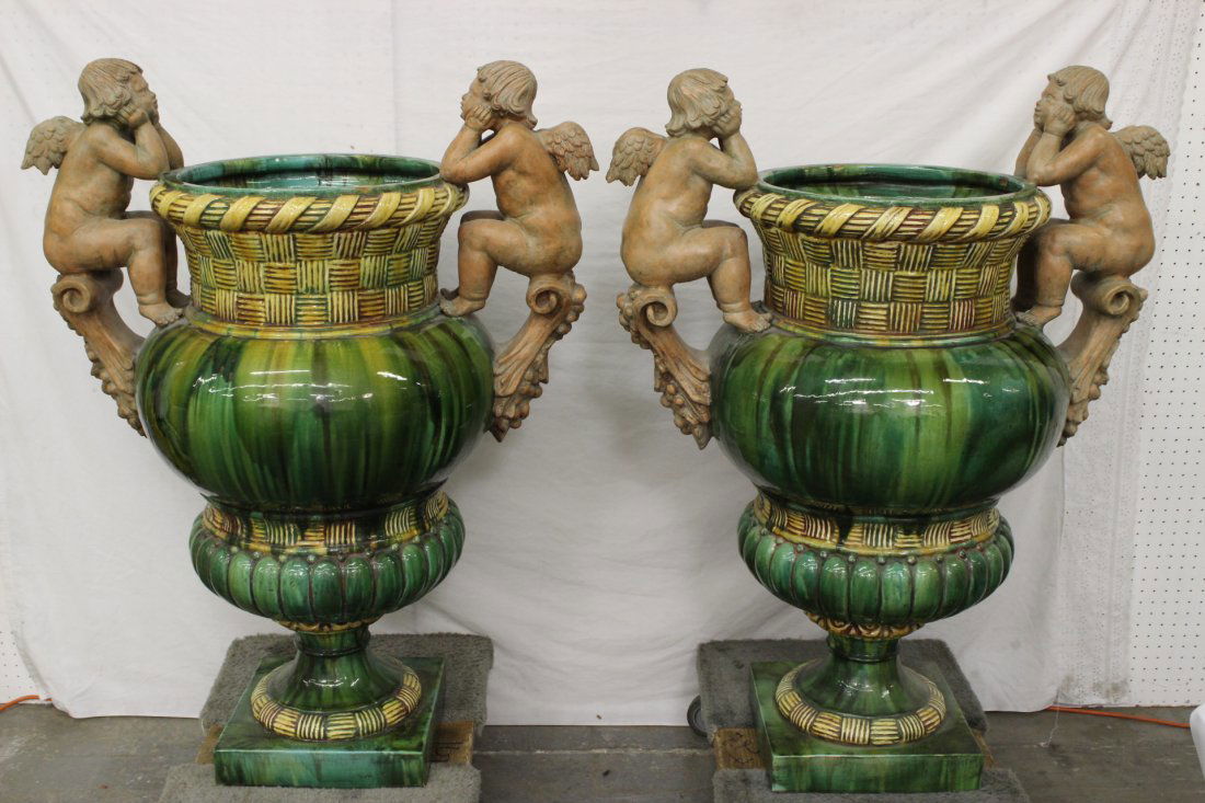 Pair massive majolica pottery planter: Pair massive majolica pottery planter with handles in angel motif, 39"Hx35.5"x21.5" each