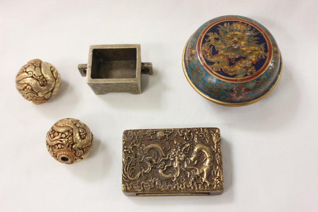 5 items: 5 items, a cloisonné ink box (1.25"Hx3.15"dia), brass belt buckle (2.1"x0.9"x0.5"), 2 gilt metal balls (1"dia each) and a miniature incense burner (0.8"Hx1.6"x1")