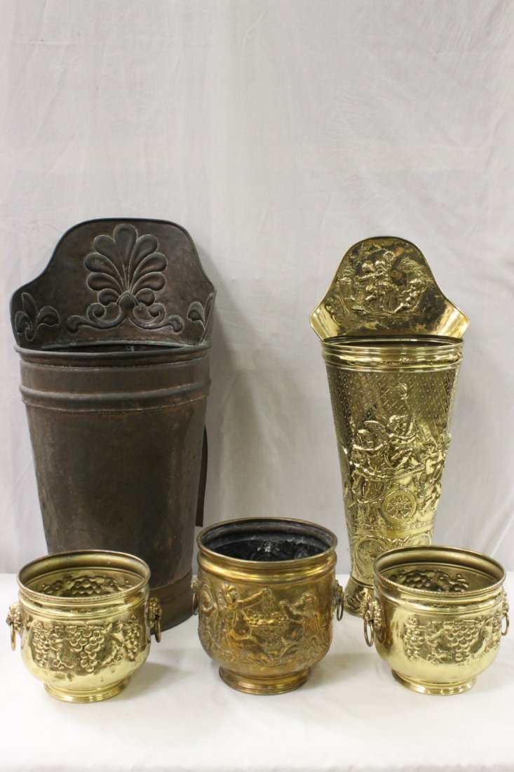 3 antique English brass pots, and 2 umbrella stands: 3 antique English brass pots (8.1"Hx11"x9.2"(2), 10.2"Hx10.75"x9.75"), a brass umbrella stand (31.25"Hx13.25"x8.5") and a rare copper umbrella stand with leather stripe enforcement (33"Hx16.45"x15")
