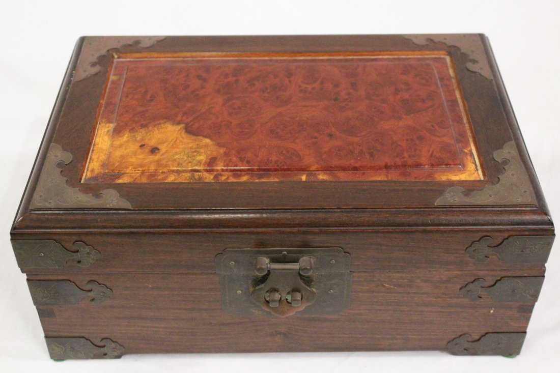 Chinese rosewood and burl walnut jewelry box: Chinese rosewood and burl walnut jewelry box, 5"Hx12.75"x8.5"