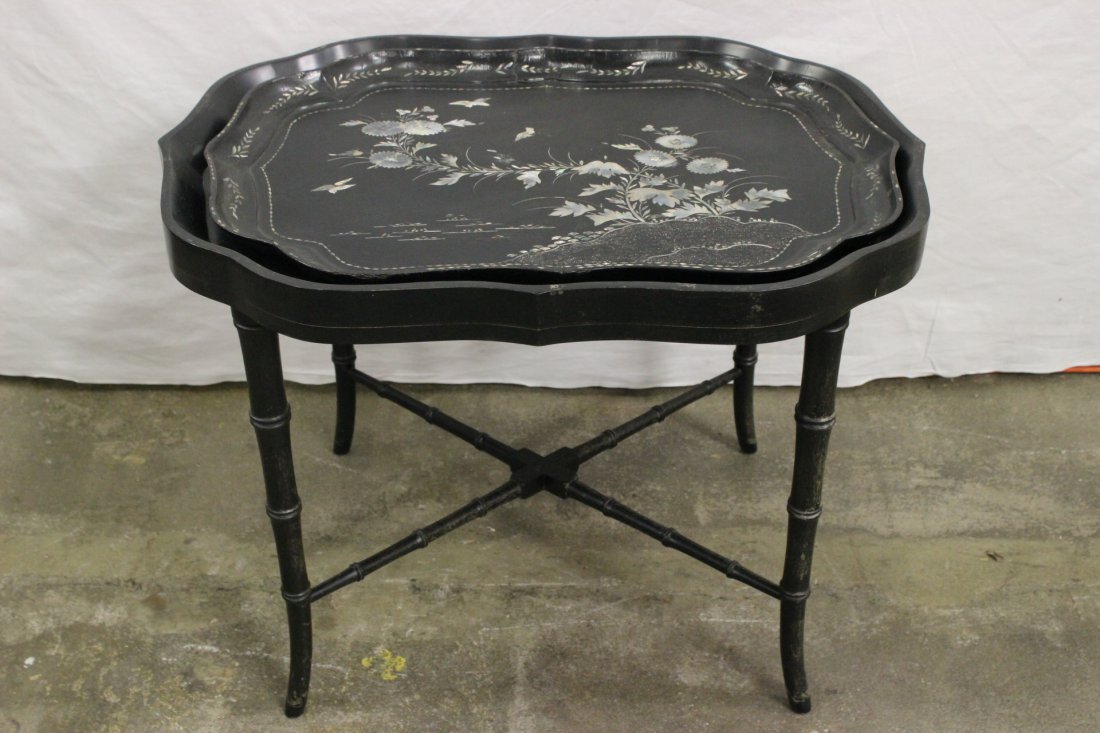 Antique English tray by Jennens & Bettridge w/ stand: Antique English black lacquer tray (1.25"Hx25"x18.7") with mother of pearl inlaid by Jennens & Bettridge, Birmingham, with later tray stand (20.4"Hx27.75"x21.35") (minor lacquer loss on top)