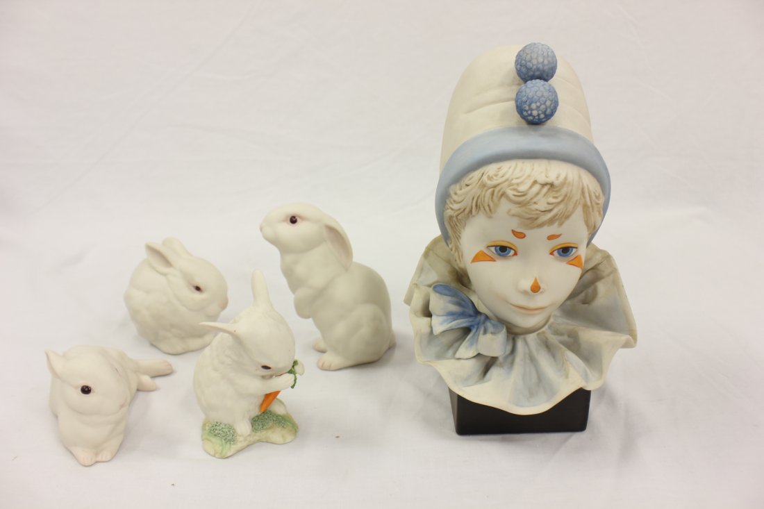 4 Cyblis bisque rabbits and a bisque clown: 4 bisque rabbits (2.4"H, 3.5"H, 4.25"H, 4.95"H) by Cybis, and a large bisque clown (9.3"H) by Cybis