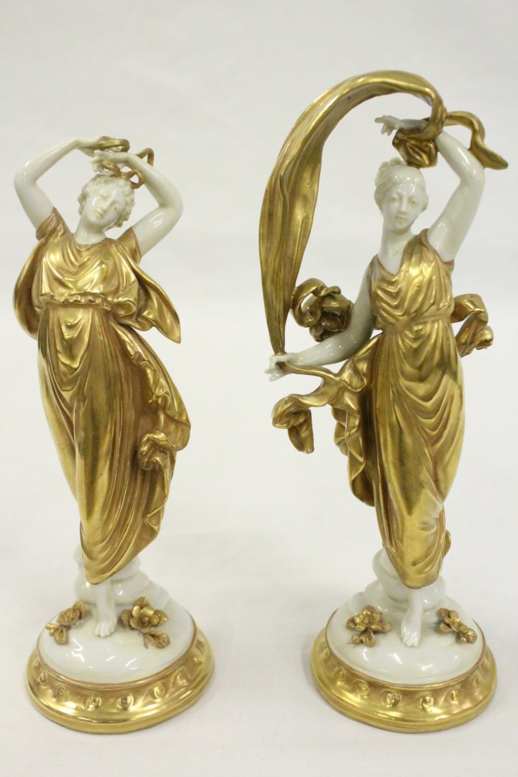 Pair Capodimonte gilt porcelain figurines: Pair Capodimonte gilt porcelain figurines, 8.2"Hx3.2"x2.65", 7.5"Hx2.75"x2.75"