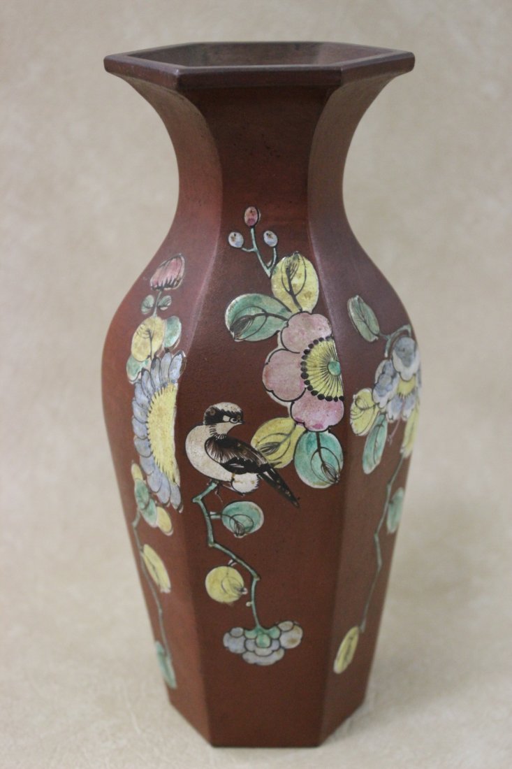Chinese export Yixing clay vase: Chinese export Yixing clay vase decorated with enamel painting to depict flowers and bird, 8.25"Hx3.5"x3"