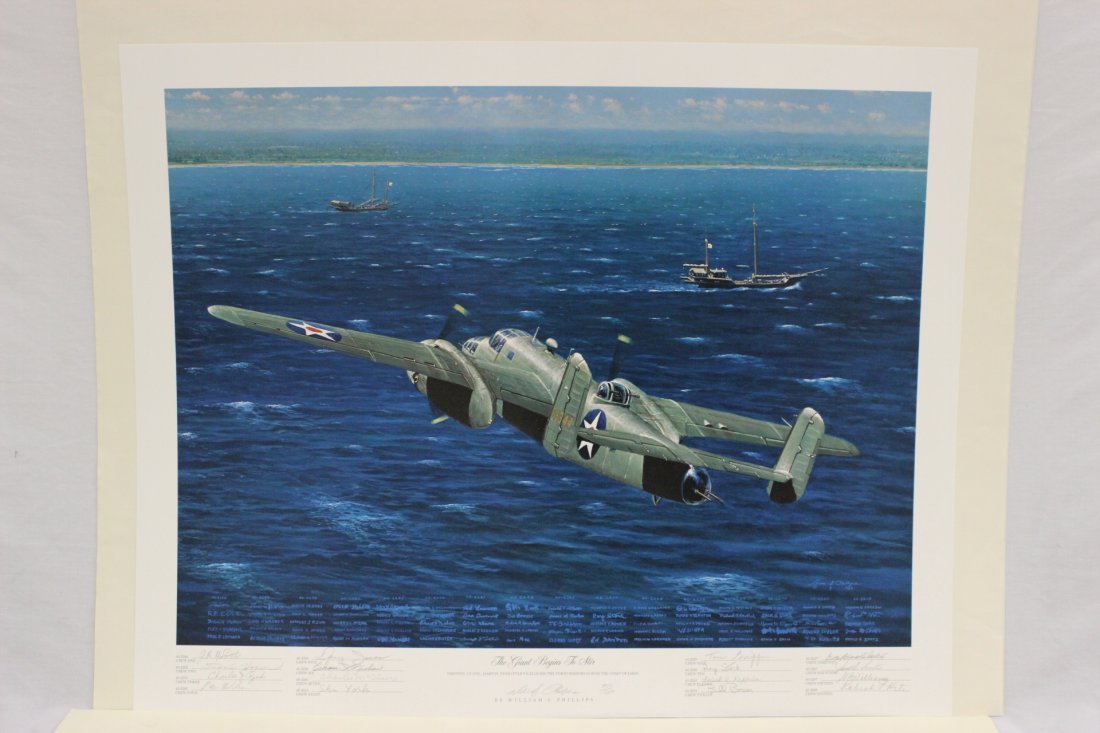 Pencil signed lithograph by William S. Phillips: Pencil signed lithograph (19.5"x26.25") by William S. Phillips "the giant begins to stir" to depict Lt. Col. James H. Doolittle lead the raid to Tokyo on April 18, 1942. the lithograph was signed by G