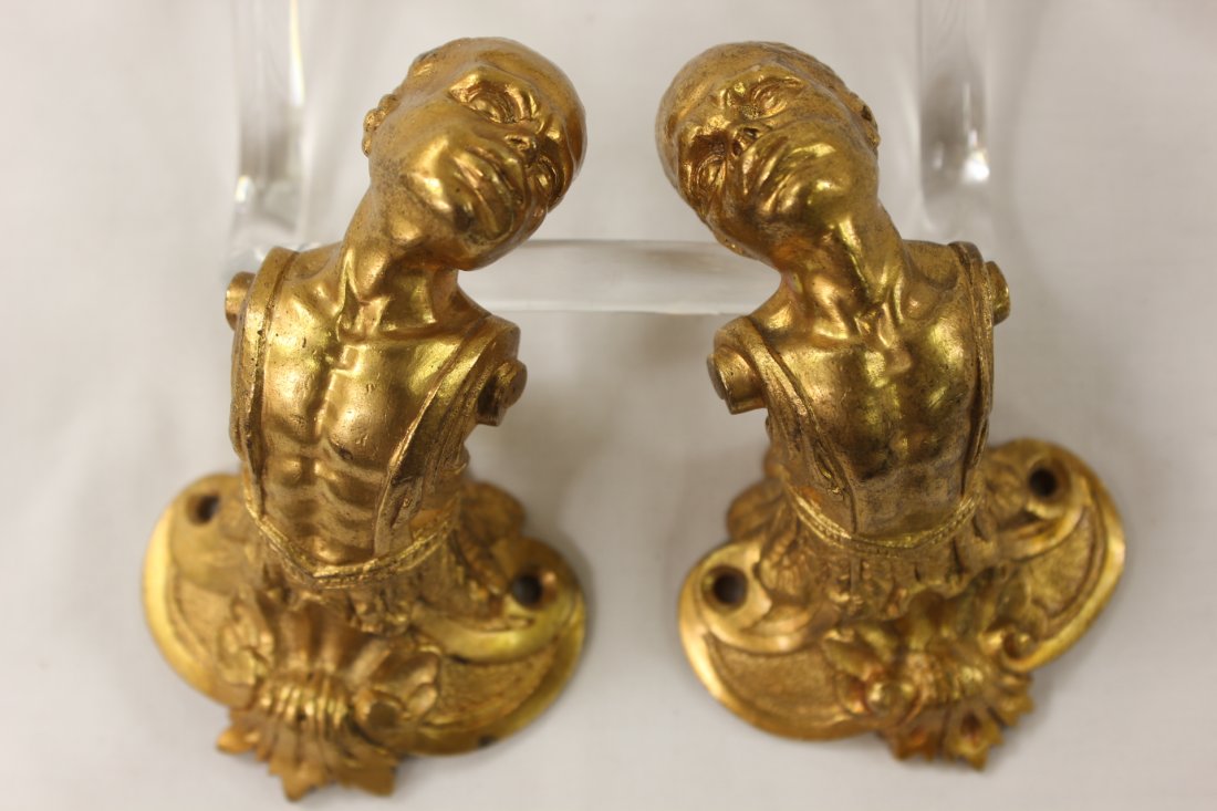 Pair French antique dore bronze tie backs: Pair French antique dore bronze tie backs in blackamoor motif, 2"x3.1"2.1" each