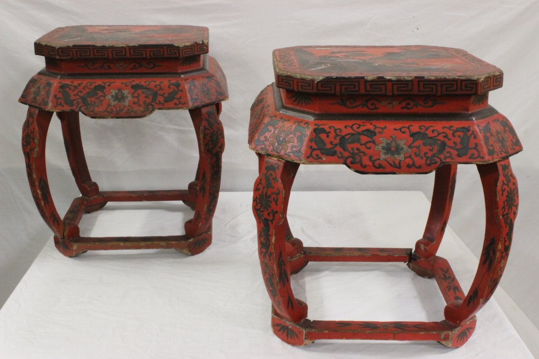 Pair Chinese early 20th c. red lacquer stool: Pair Chinese early 20th century red lacquer stool, top painted with landscape scene, 18"Hx16.9"dia each