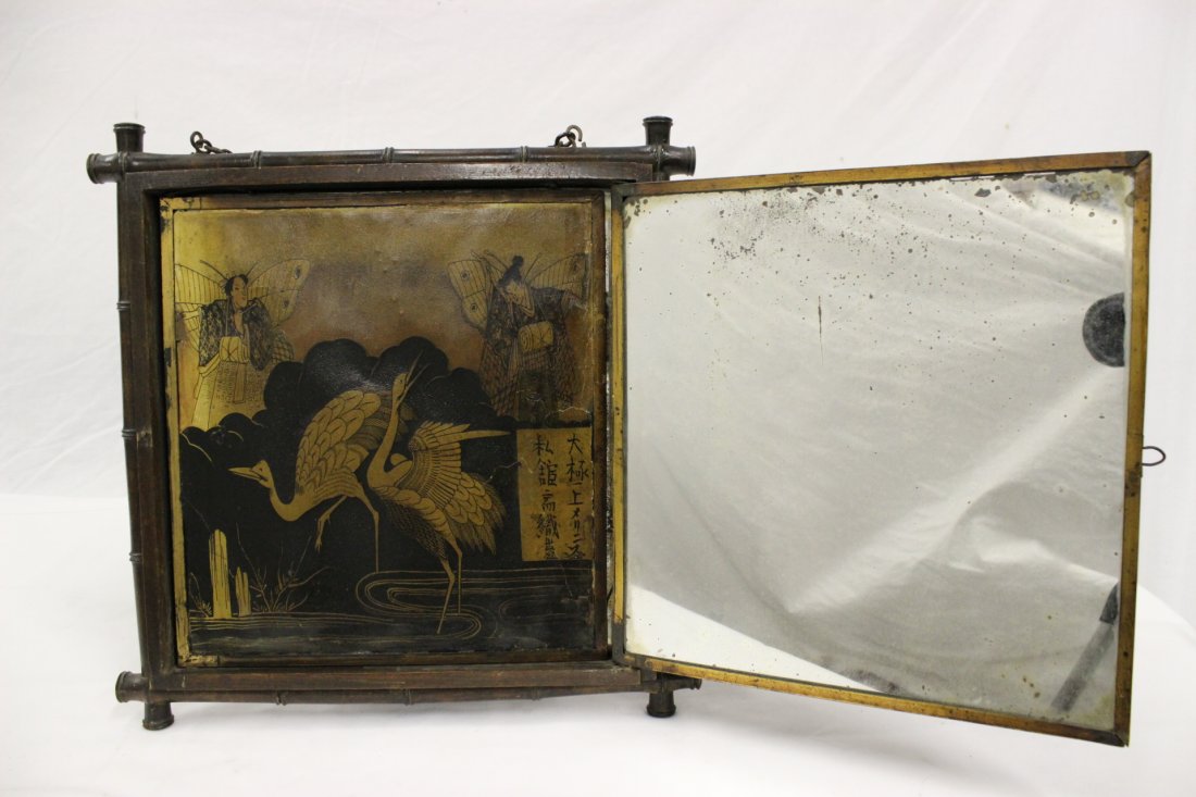 Antique Japanese 3-panel table mirror: Antique Japanese 3-panel table mirror, the back decorated with painting depicting fairy tale scene (mirror fading), 13.25"x24.5"x8"