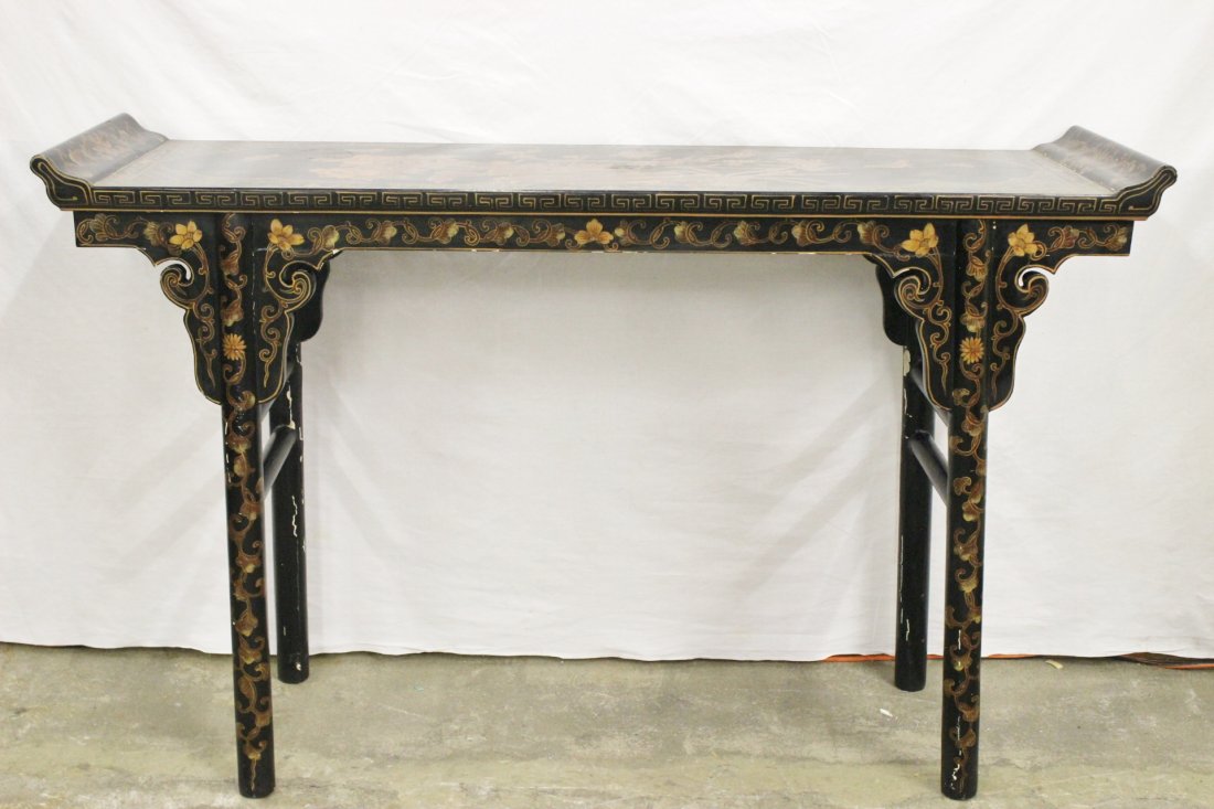 Chinese 19th/20th century black lacquer altar table: Chinese 19th/20th century black lacquer altar table painted with birds with plum tree, 35.2"Hx55.5"x15"