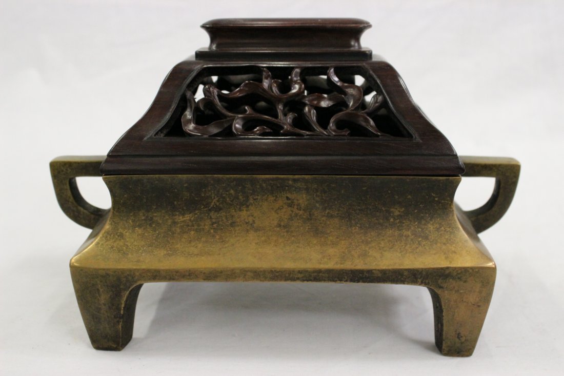 Chinese bronze censor with rosewood carved top: A fine Chinese bronze rectangular censor (3.6"Hx10.2"x5.35") with rosewood carved top (2.8"Hx6.85"x4.25")