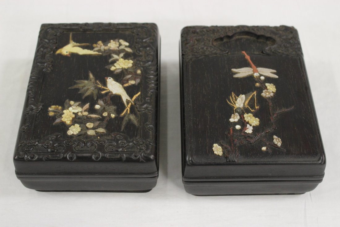 2 Chinese zitan wood carved ink stone boxes: 2 Chinese zitan wood carved ink stone boxes, overlay with mother of pearl to depict dragonfly and birds, 2.6"Hx6.9"x4.95" each