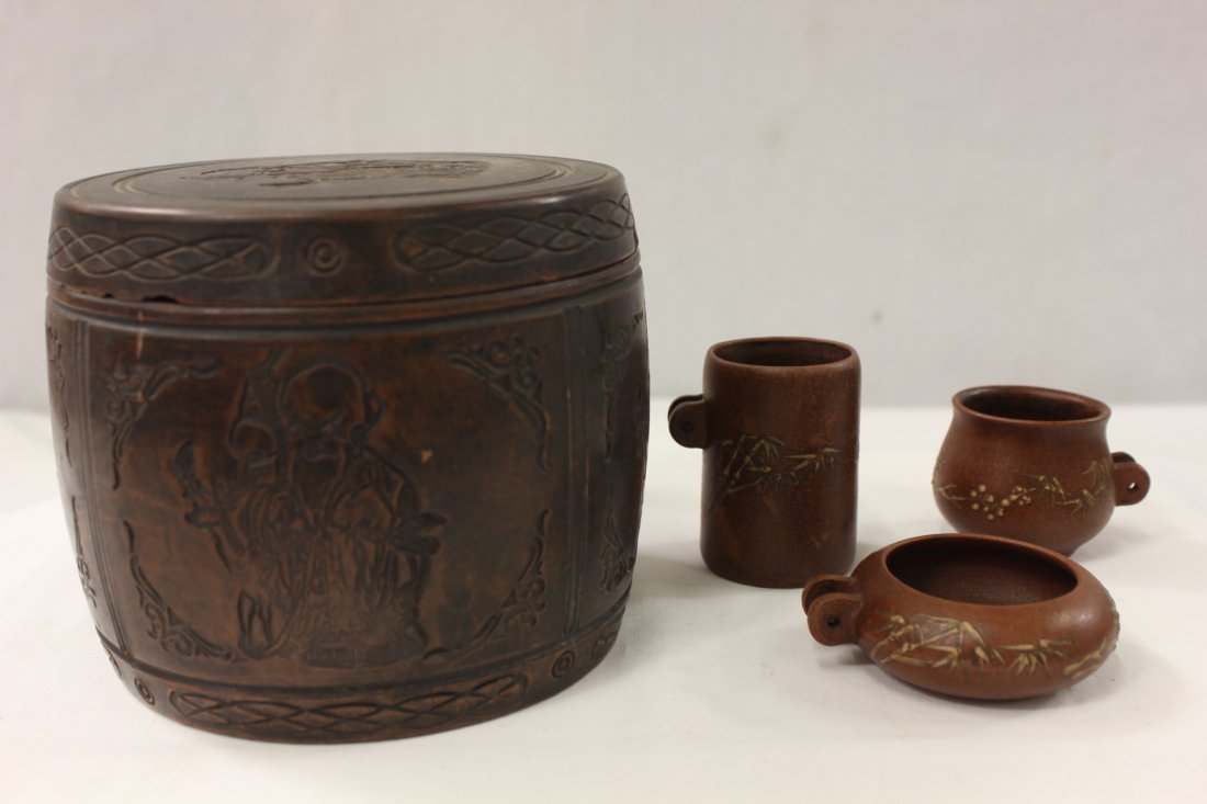 A Yixing clay cricket box & 3 Yixing bird feeders: A Yixing clay cricket box (4.1"Hx5"dia), and 3 Yixing clay bird feeders (0.85"H, 1.5"H, 2.15"H)