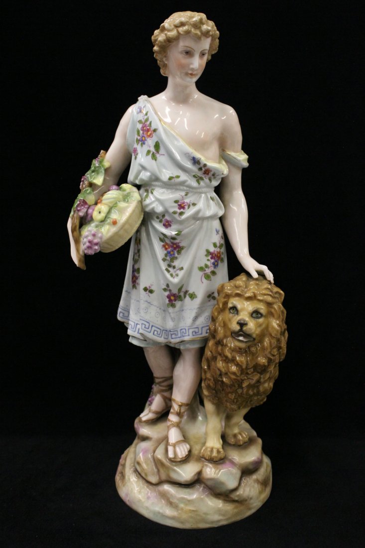 Antique Dresden figurine signed R.W.: Antique Dresden figurine depicting man with lion, signed R.W., 15.75"Hx7"x6.5"