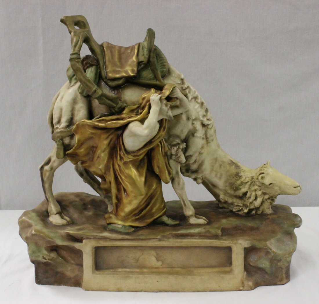 Antique Austria Amphora sculpture, c1900: Antique Austria Amphora sculpture depicting man with camel by Reissner, Stellmacher and Kesser, c1900, 17.6"Hx19.5"x7"