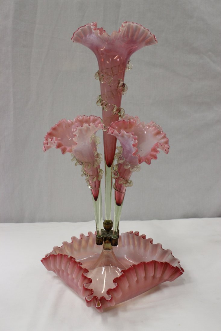 Victorian epergnes with 5 lilies and fluted bowl: Beautiful Victorian cranberry/opalescent epergnes with 5 lilies and fluted bowl, 19.75"Hx9"x10"