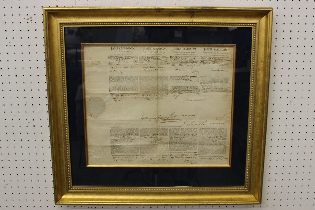 signed Presidential ship paper for trade, dated 1809: A rare Presidential ship paper (16"x19.5") for trade from New York to Martinique, dated 1809, signed by 4th President James Madison and Secretary of State A. Smith. Done in 4 languages