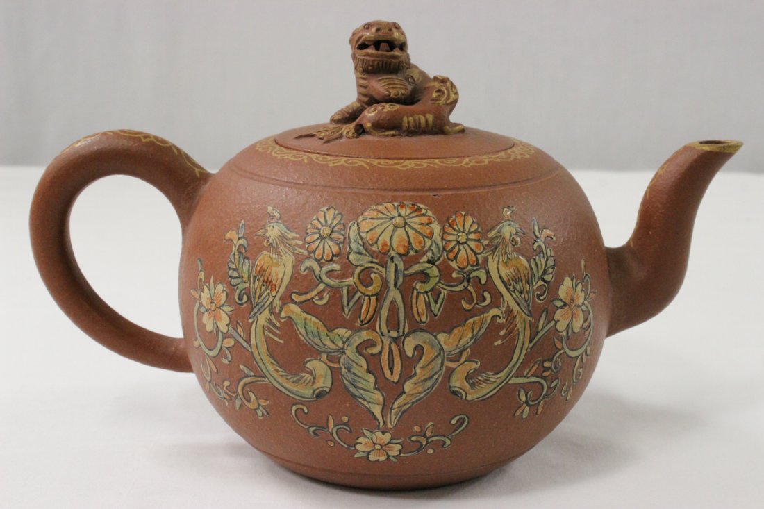 Chinese Yixing clay teapot painted phoenix and flower: Chinese Yixing clay teapot painted with phoenix and flowers, the finale in fulion motif, 4.7"Hx7.9"x4.9"