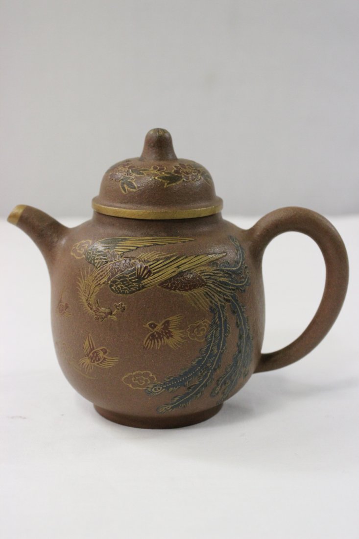 Chinese Yixing clay teapot painted w/ phoenix & flowers: Chinese Yixing clay teapot painted with phoenix and flowers, 5.25"Hx6.35"x3.85"