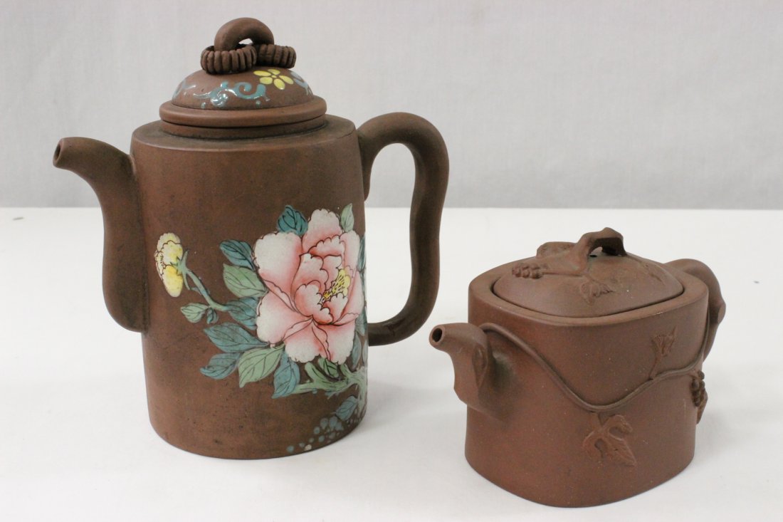 2 Yixing clay teapot, one with enamel decoration: 2 Yixing clay teapot (3.8"Hx6.9"x3.35"), one with enamel decoration (7.4"Hx7"x3.9")