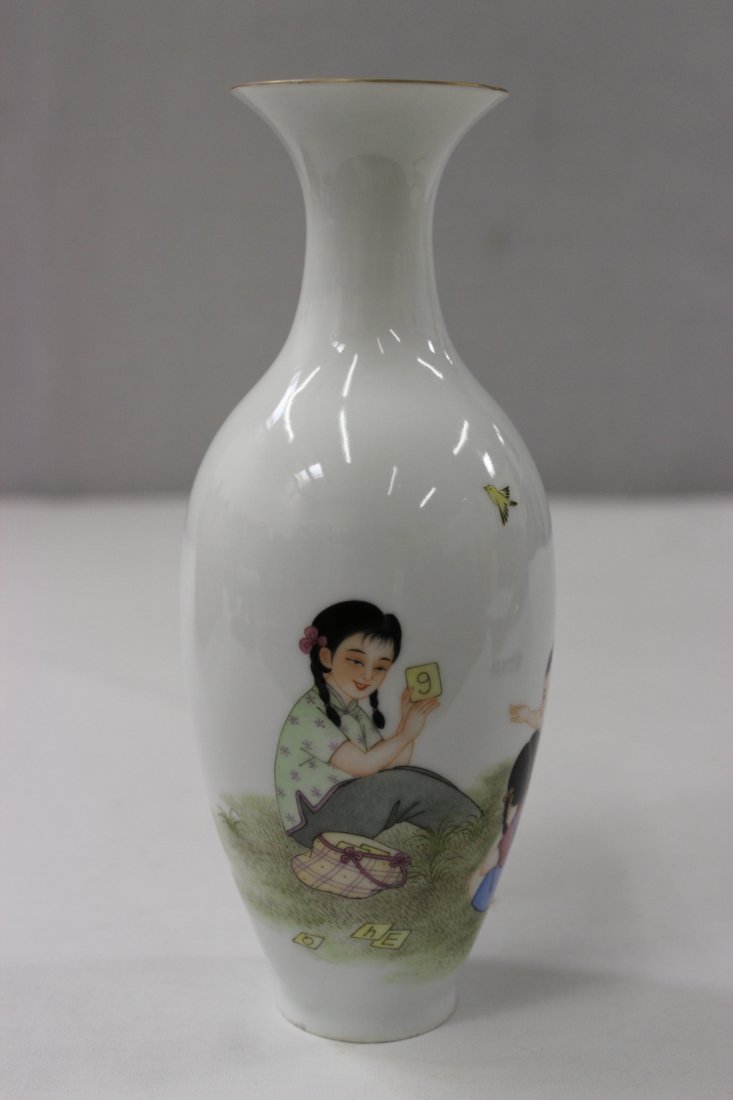 Chinese egg shell porcelain vase: Chinese egg shell porcelain vase painted with children playing scene, possible cultural revolution era, 7.75"Hx3'dia