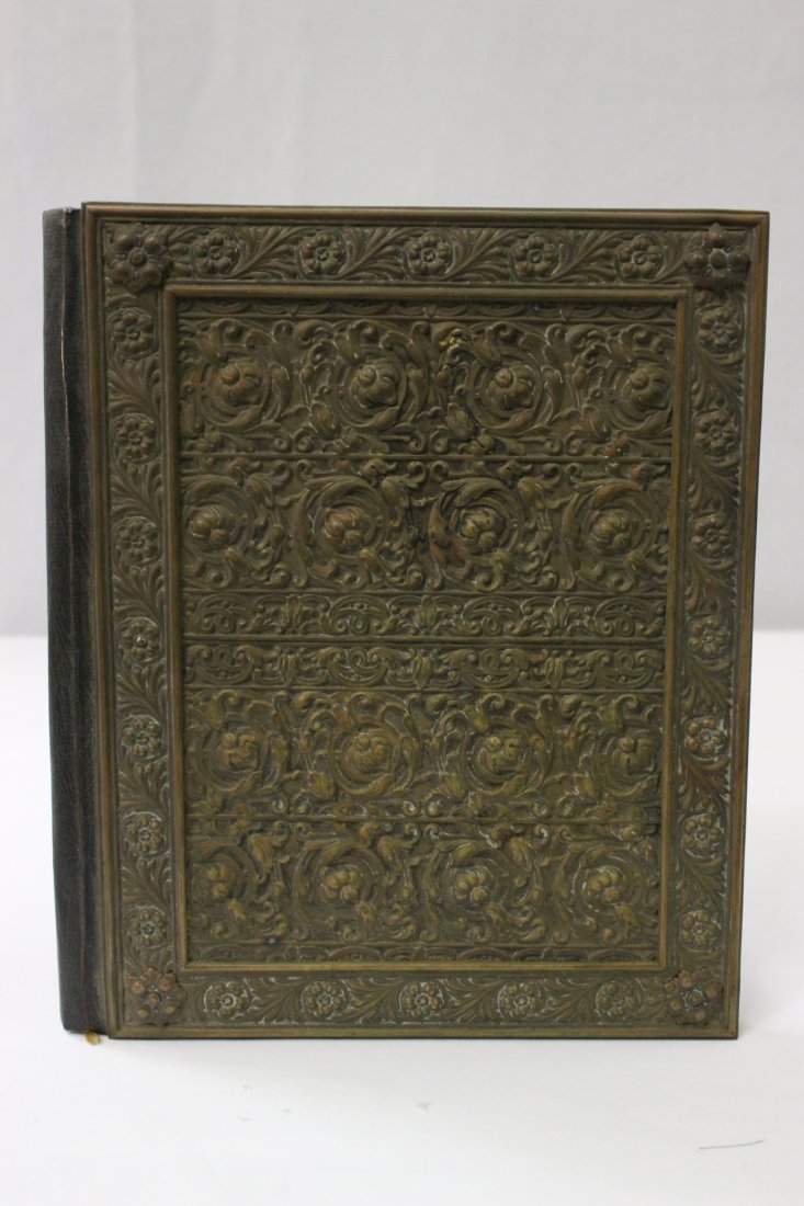 Antique book cover with repose copper plaque: Antique book cover with repose copper plaque, 10.85"x8.35"