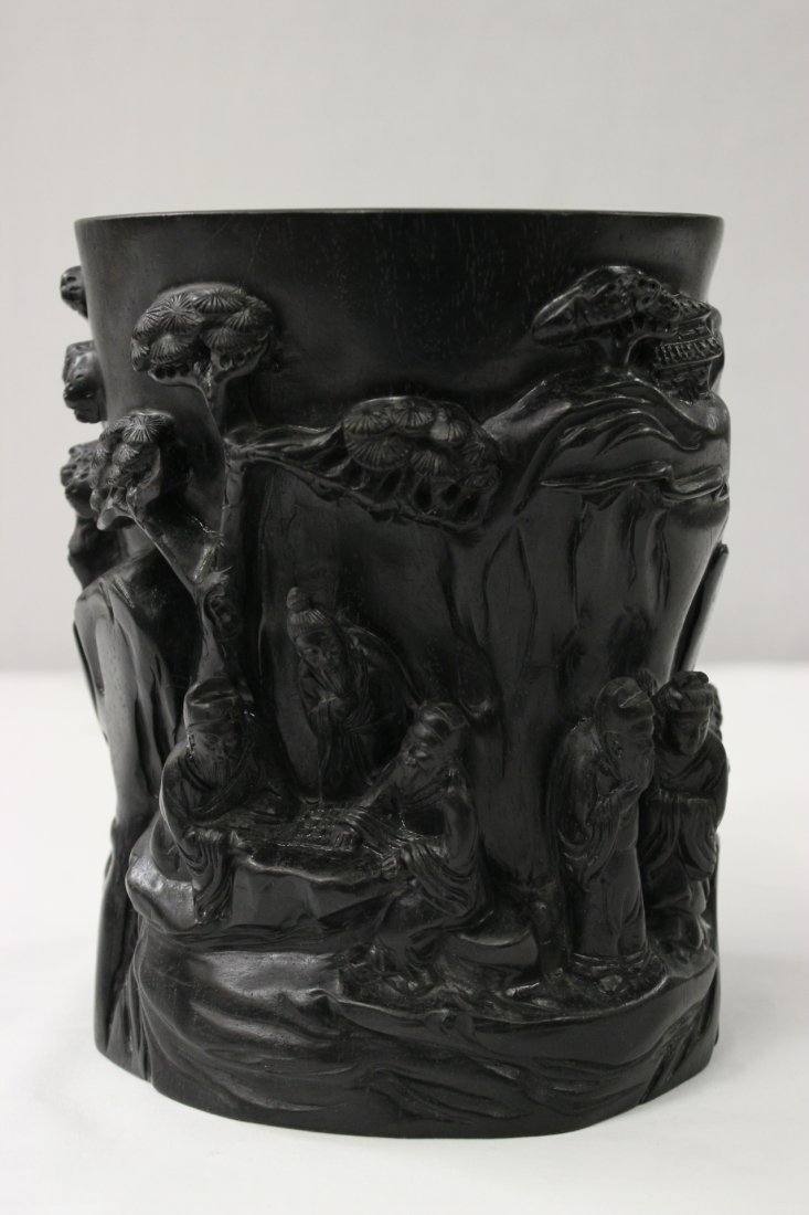 Chinese zitan wood carved brush holder: Chinese zitan wood carved brush holder depicting figure and calligraphy, 7.7"Hx6.1"x6.5"