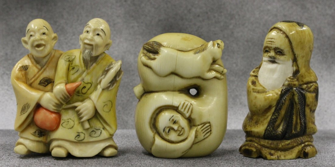 3 Japanese ivory carved netsuke: 3 Japanese ivory carved netsuke, 1.9"H, 2"H, 1.75"x1.4"x0.95"