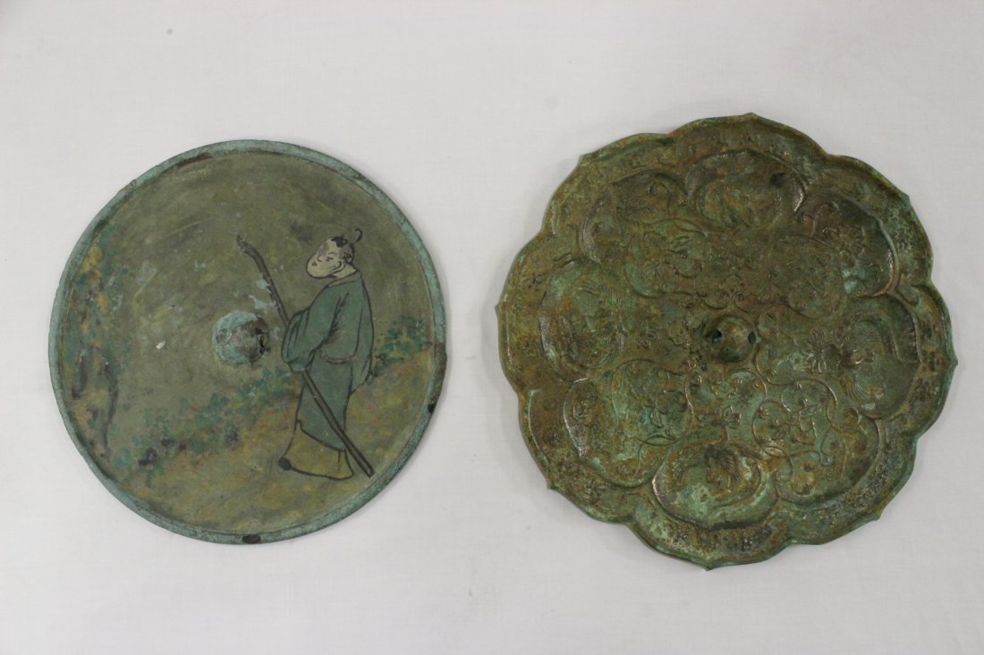 2 Chinese bronze mirrors: 2 Chinese bronze mirrors, 8.5"dia, 7.5"dia