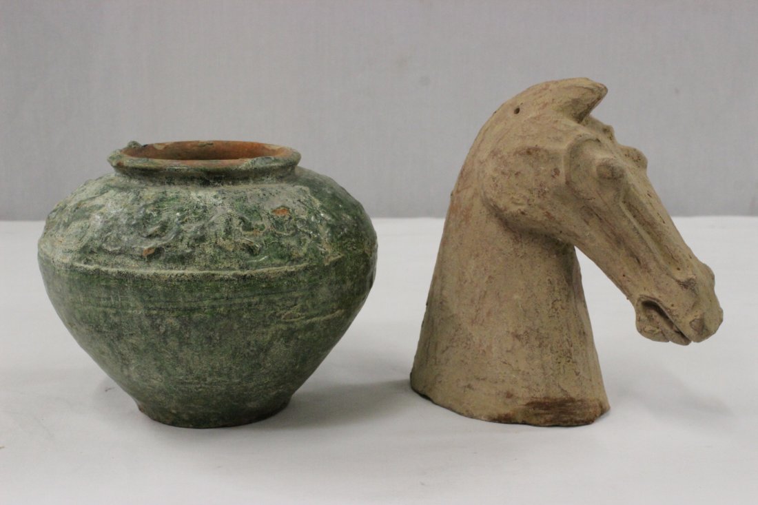 A pottery horse head and a green pottery jar: A pottery horse head (6.5"H) and a green pottery jar (4.9"Hx6"dia)