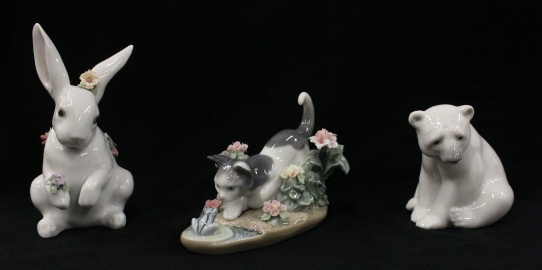 3pc of Lladro: 3pc of Lladro; a polar bear (3.25"H), a rabbit (5.5"H) and a cat in flower bush (3.5"H)